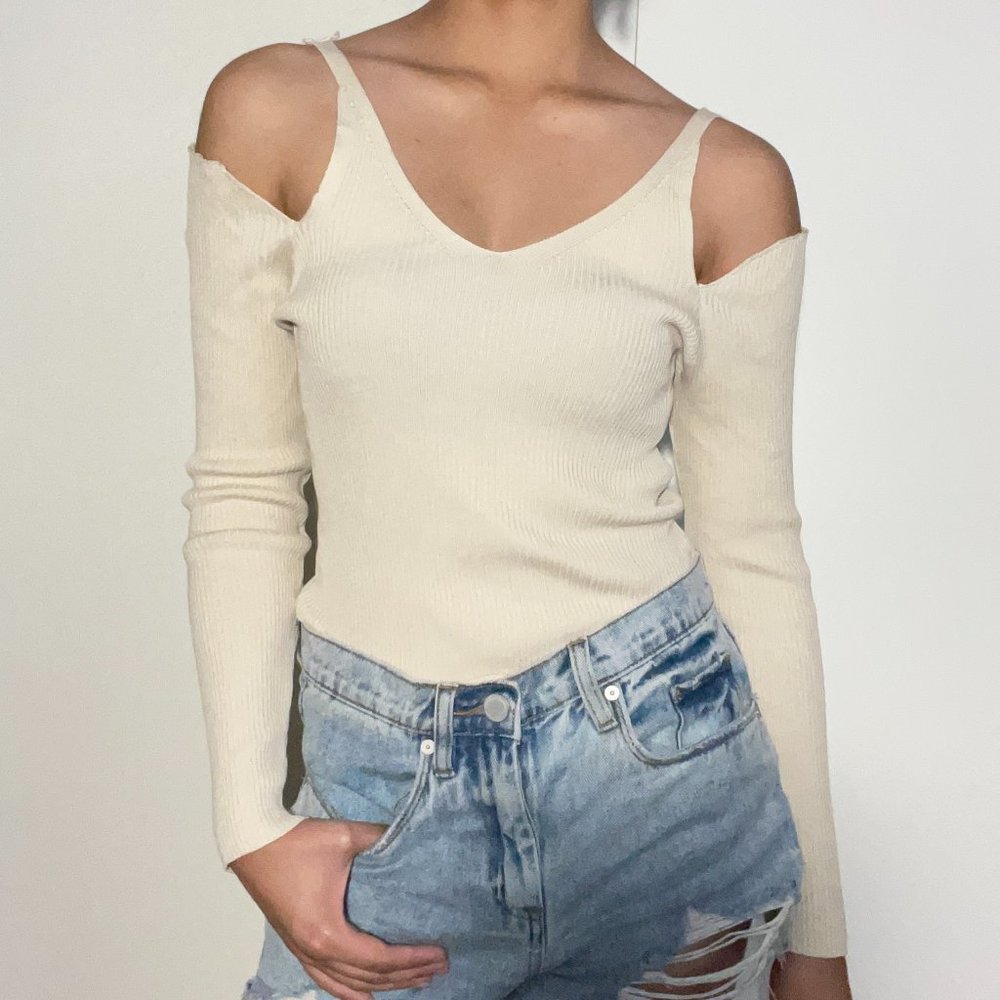 Cold Shoulder Ribbed Knit Sweater
